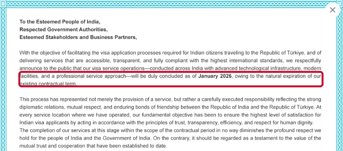 Gateway International notice that its Türkiye visa service operations in India concluded in January 2026