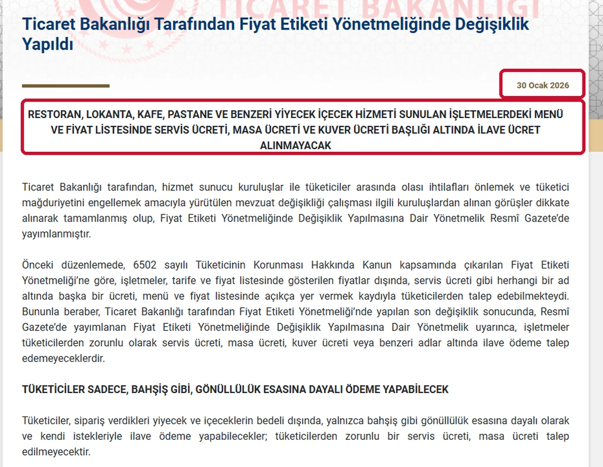 The Turkish Ministry of Trade's announcement of 30 January 2026 banning service, table and cover charges in restaurants and cafés