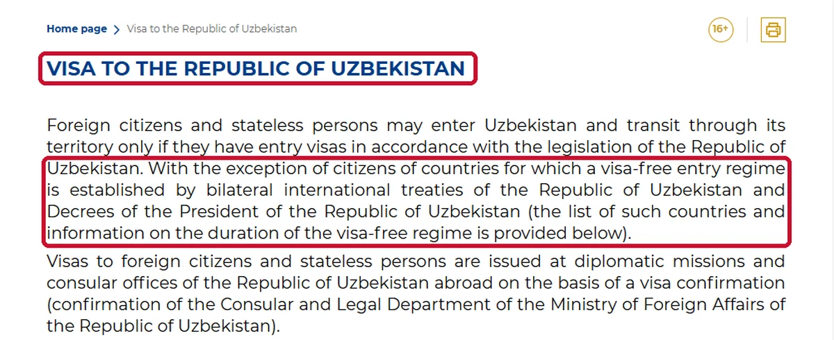 Uzbekistan MFA visa page Uzbekistan Ministry of Foreign Affairs visa page, with its statement on visa-free regimes highlighted
