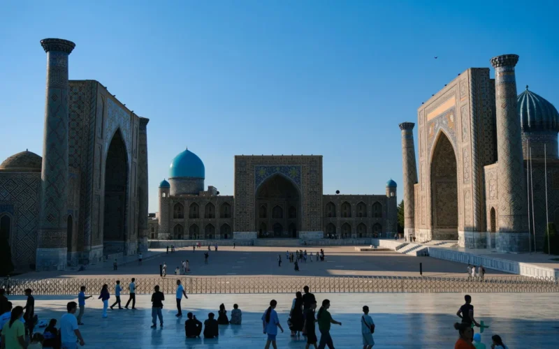 Visitors at Registan Square in Samarkand, open to travellers from Uzbekistan visa-free countries
